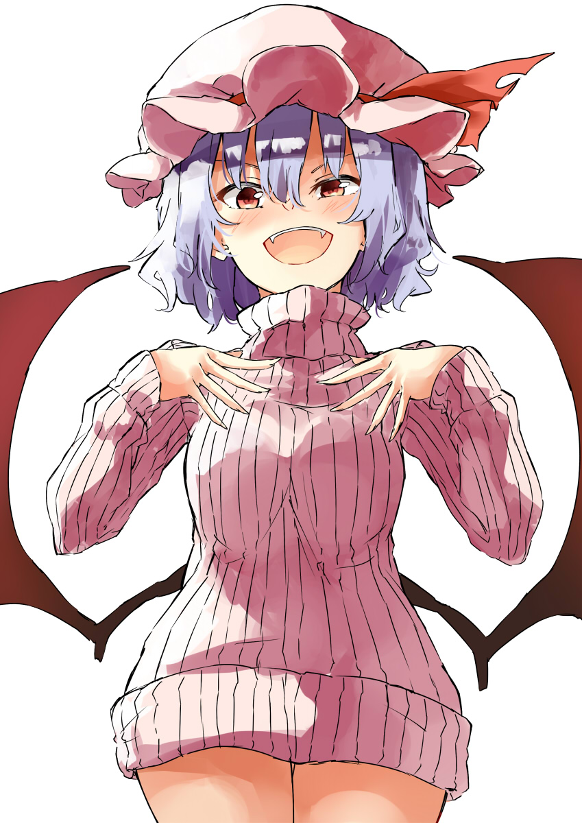 1girl cowboy_shot deetamu fangs hat hat_ribbon highres lavender_hair looking_at_viewer mob_cap naked_sweater open_mouth red_eyes remilia_scarlet ribbed_sweater ribbon short_hair simple_background solo sweater touhou turtleneck turtleneck_sweater white_background white_sweater wings