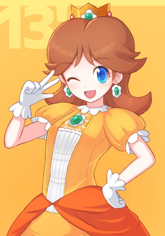 1girl ;d blue_eyes brooch brown_hair crown dress earrings eyebrows_visible_through_hair flower_earrings gem gloves green_eyes hand_on_hip hand_up jewelry long_hair looking_at_viewer super_mario_bros. nintendo number one_eye_closed open_mouth orange_background orange_dress princess princess_daisy puffy_short_sleeves puffy_sleeves short_sleeves smile solo suta_(clusta) white_gloves