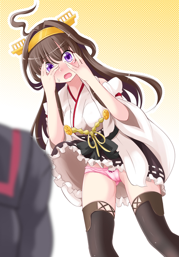 2girls ahoge black_legwear blush brown_hair covering_eyes detached_sleeves embarrassed expressive_hair hair_intakes hairband ichimi kantai_collection kongou_(kantai_collection) multiple_girls nagatsuki_(kantai_collection) open_mouth panties pantyshot pantyshot_(standing) pink_panties skirt skirt_flip standing thigh-highs underwear violet_eyes white_background