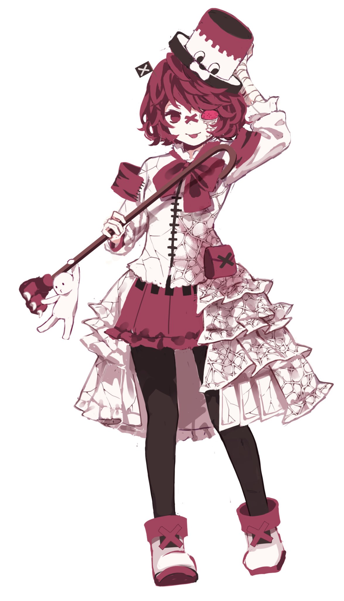 1girl asymmetrical_clothes bandaid bandaid_on_nose boots cane dress fukase full_body genderswap genderswap_(mtf) hat head_flag highres holding pale_skin pantyhose point_(vocaloid) red_eyes redhead short_hair tamagoyaki_(glasses-daisuki) tongue tongue_out top_hat vocaloid