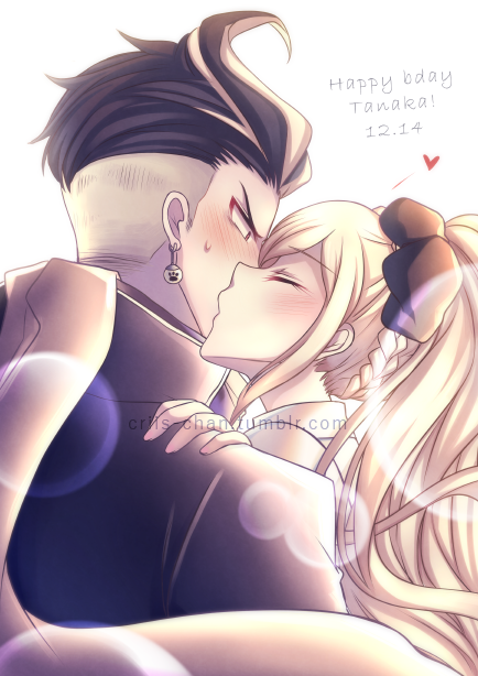 1boy 1girl blonde_hair braid cheek_kiss closed_eyes criis-chan dangan_ronpa earrings from_behind hair_ornament hand_on_another's_shoulder happy_birthday heart jewelry kiss lens_flare long_hair sonia_nevermind super_dangan_ronpa_2 sweatdrop tanaka_gandamu upper_body watermark web_address