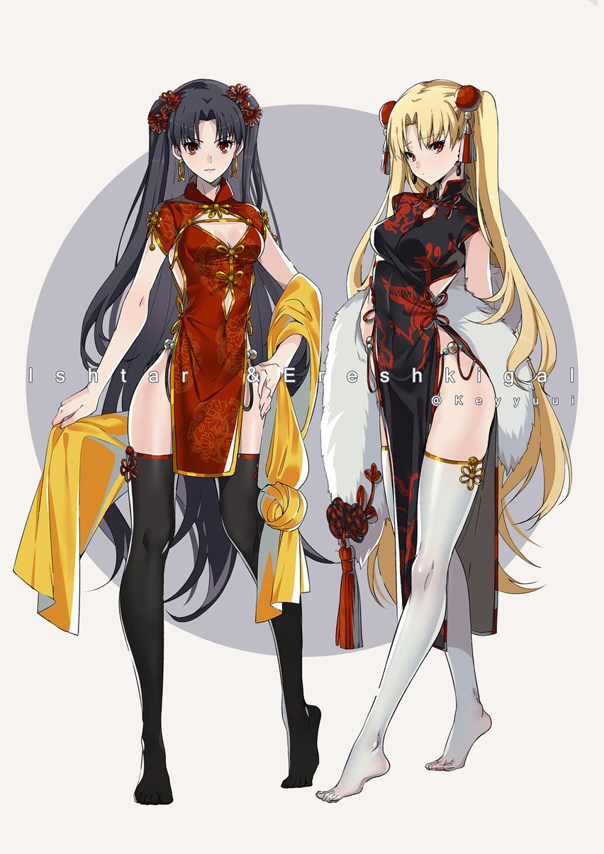 2girls alternate_costume bangs black_hair black_legwear blonde_hair character_name china_dress chinese_clothes cleavage_cutout dress earrings ereshkigal_(fate/grand_order) fate/grand_order fate_(series) full_body hair_ornament highres holding hoop_earrings infinity ishtar_(fate/grand_order) jewelry long_hair multiple_girls parted_bangs pelvic_curtain red_eyes side_slit smile standing thigh-highs two_side_up white_legwear yaoshi_jun