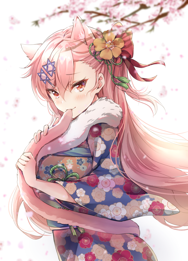 1girl animal_ears bangs blush bow braid breasts cat_ears eyebrows_visible_through_hair girls_frontline hair_between_eyes hair_bow hair_ornament hair_ribbon hairclip hexagram holding_tail japanese_clothes kimono long_hair looking_at_viewer melings_(aot2846) negev_(girls_frontline) obi one_side_up pink_hair red_bow red_eyes ribbon sash smile solo star_of_david tail wide_sleeves