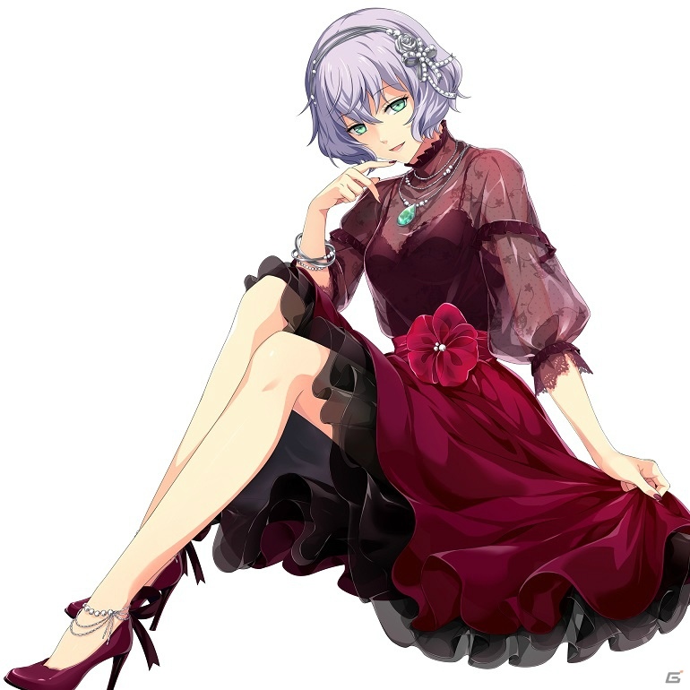 1girl akatsuki_no_kiseki alternate_costume anklet aqua_eyes bare_legs bracelet breasts dress eiyuu_densetsu enami_katsumi eyebrows_visible_through_hair flower frilled_dress frills full_body hair_ornament high_heels jewelry lavender_hair looking_at_viewer medium_breasts nail_polish necklace official_art open_mouth purple_footwear purple_nails red_dress see-through_sleeves sen_no_kiseki sharon_kruger short_hair short_sleeves simple_background sitting smile solo white_background