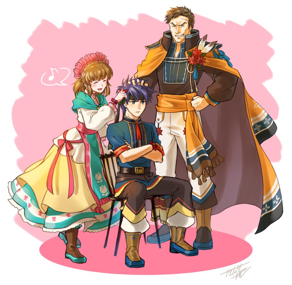 1girl 2boys belt blue_eyes blue_hair boots brother_and_sister brown_hair cape chair closed_eyes closed_mouth crossed_arms dress father_and_daughter father_and_son fire_emblem fire_emblem:_souen_no_kiseki fire_emblem_heroes flwoer green_headband greil grin hand_on_another's_head headband ike jandara_rin long_sleeves mist_(fire_emblem) multiple_boys musical_note nintendo open_mouth pants ribbon short_hair short_sleeves siblings signature sitting smile spiky_hair spoken_musical_note standing