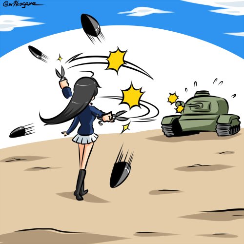 1girl afterimage ahoge black_footwear black_hair blue_jacket blue_sky boots clouds cloudy_sky commentary day firing flying_sweatdrops from_behind girls_und_panzer ground_vehicle holding holding_scissors isuzu_hana jacket kogane_(staygold) long_hair long_sleeves lowres military military_uniform military_vehicle miniskirt motion_blur motion_lines motor_vehicle ooarai_military_uniform outdoors pleated_skirt scissors skirt sky solo standing tank tank_shell twitter_username uniform white_skirt