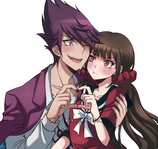 1boy 1girl :t ;d bear black_sailor_collar blazer blush brown_hair collarbone couple criis-chan dangan_ronpa hair_ornament harukawa_maki heart heart_hands heart_hands_duo jacket long_hair long_sleeves momota_kaito new_dangan_ronpa_v3 one_eye_closed open_blazer open_clothes open_jacket open_mouth purple_hair purple_jacket red_eyes red_shirt sailor_collar school_uniform shirt short_sleeves simple_background smile spiky_hair twintails upper_body very_long_hair watermark web_address white_background white_shirt