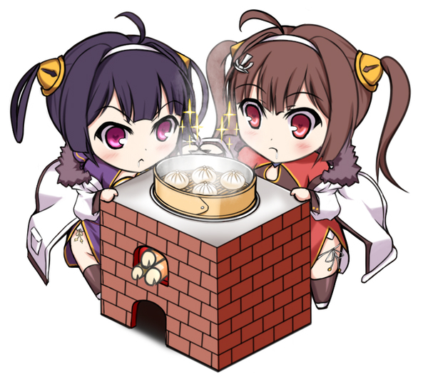 2girls :&lt; ahoge anchor_hair_ornament azur_lane baozi brown_hair brown_legwear chibi china_dress chinese_clothes closed_mouth commentary_request dress drooling firewood food fur-trimmed_jacket fur_trim hair_ornament hair_rings hairband hairpods jacket long_hair long_sleeves multiple_girls ning_hai_(azur_lane) open_clothes open_jacket ping_hai_(azur_lane) puffy_long_sleeves puffy_sleeves purple_dress purple_hair red_dress red_eyes saliva sidelocks sparkle standing thigh-highs twintails usa_shouya violet_eyes white_background white_hairband white_jacket