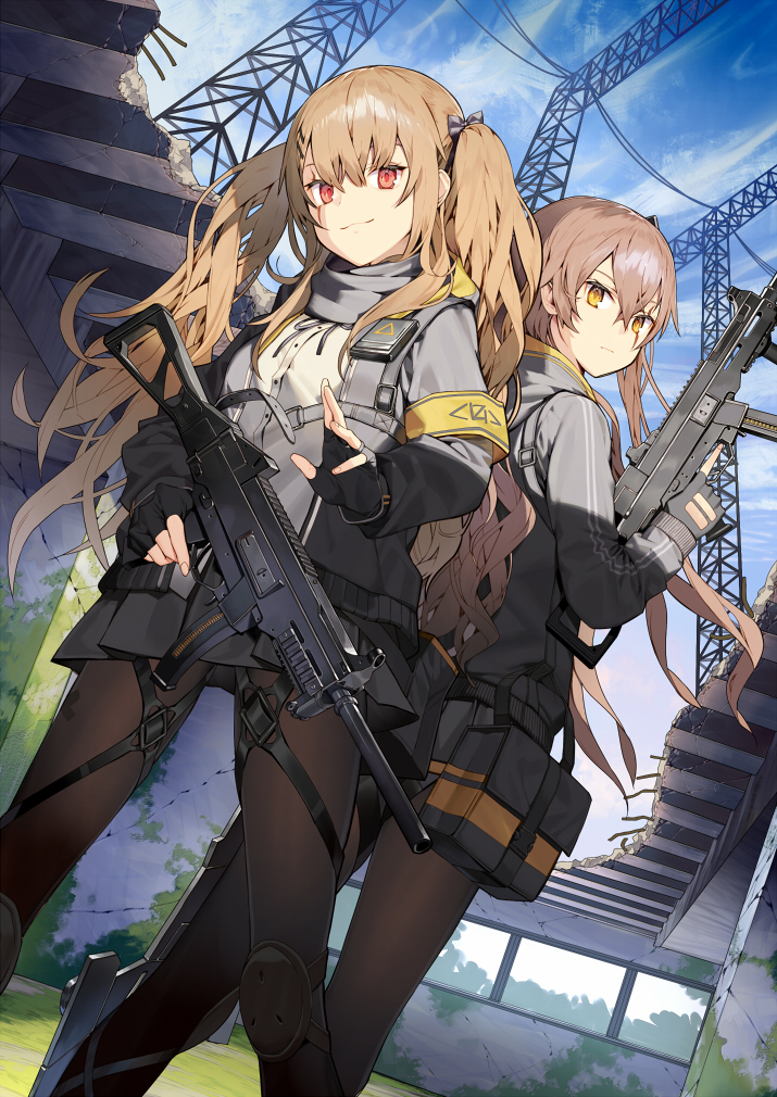 2girls :3 armband back-to-back bag bangs belt black_gloves black_neckwear black_skirt blue_sky bow brown_hair brown_legwear building buttons closed_mouth clouds cloudy_sky commentary_request crossed_bangs day dress_shirt dutch_angle expressionless feet_out_of_frame fingerless_gloves girls_frontline gloves grey_bow grey_jacket gun h&amp;k_ump h&amp;k_ump45 h&amp;k_ump9 hair_between_eyes hair_bow hand_up holding holding_gun holding_weapon jacket knee_pads light_brown_hair long_hair long_sleeves looking_at_viewer looking_back miniskirt misoni_comi multiple_girls object_namesake one_side_up open_clothes open_jacket outdoors pantyhose pleated_skirt power_lines red_eyes ribbon ruins scar scar_across_eye shirt sidelocks skirt sky smile standing submachine_gun sunlight trigger_discipline twintails ump45_(girls_frontline) ump9_(girls_frontline) wavy_hair weapon white_shirt window yellow_eyes