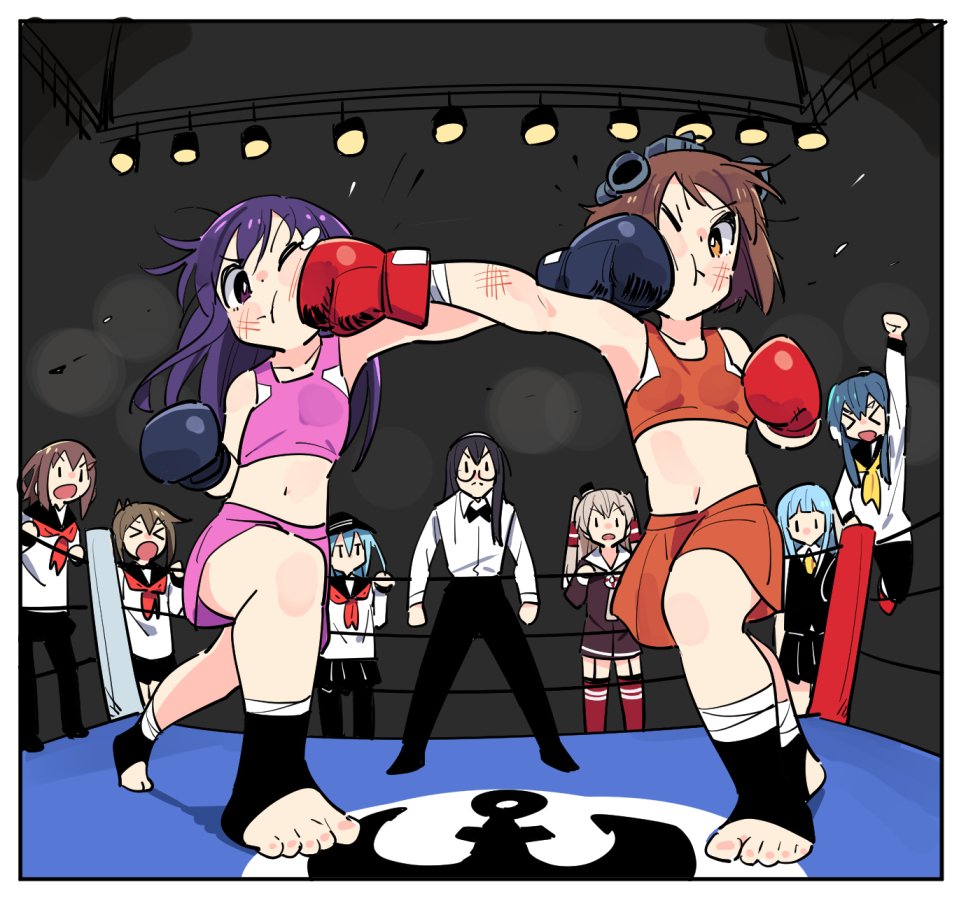 akatsuki_(kantai_collection) amatsukaze_(kantai_collection) anchor_symbol ascot blouse blue_hair boxing boxing_gloves boxing_ring brown_dress bruise dress face_punch fighting_stance fingerless_gloves flat_cap folded_ponytail garter_straps gloves hair_tubes hat hatsukaze_(kantai_collection) hibiki_(kantai_collection) hime_cut ikazuchi_(kantai_collection) in_the_face inazuma_(kantai_collection) injury kantai_collection long_hair midriff mixed_martial_arts multiple_girls navel ooyodo_(kantai_collection) punching red_legwear referee sailor_dress school_uniform serafuku short_dress short_hair shorts skirt skirt_set sports_bra sweat thigh-highs tokitsukaze_(kantai_collection) tonmoh two_side_up vest white_blouse white_hair windsock yukikaze_(kantai_collection)