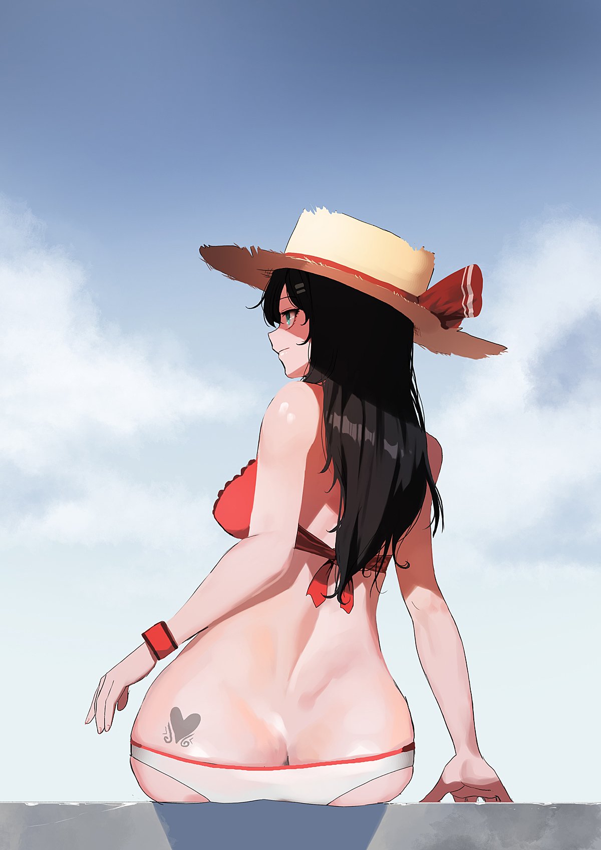 1girl ass ass_tattoo bangs bikini black_hair blue_sky breasts butt_crack clouds day expressionless hair_between_eyes hat heart heart_tattoo highres ihobus long_hair original outdoors sidelocks sitting sky solo straw_hat swimsuit tattoo wristband