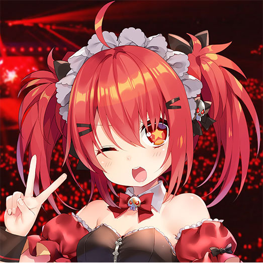 1girl ;d blush hair_ornament hairclip mvv neck_ribbon one_eye_closed open_mouth original red_eyes redhead ribbon short_hair skeletal_hand smile solo star star-shaped_pupils symbol-shaped_pupils twintails v vivian_(mvv) zipper