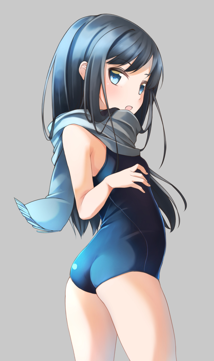 1girl alternate_costume asashio_(kantai_collection) ass black_hair blue_eyes blue_swimsuit blush breasts comah gradient_hair grey_background highres kantai_collection long_hair multicolored_hair open_mouth scarf simple_background small_breasts solo swimsuit