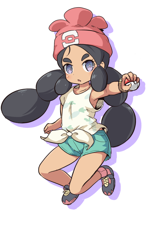 1girl beanie black_footwear black_hair blush colored_shadow cosplay creatures_(company) drop_shadow food_print full_body game_freak green_shorts hapu'u_(pokemon) hat holding holding_poke_ball long_hair looking_at_viewer low_twintails mizuki_(pokemon) mizuki_(pokemon)_(cosplay) nekono_rin nintendo outstretched_arm parted_lips poke_ball poke_ball_(generic) pokemon pokemon_(game) pokemon_sm print_shirt red_hat shadow shirt shoes short_sleeves shorts solo thick_eyebrows twintails very_long_hair violet_eyes white_background white_shirt