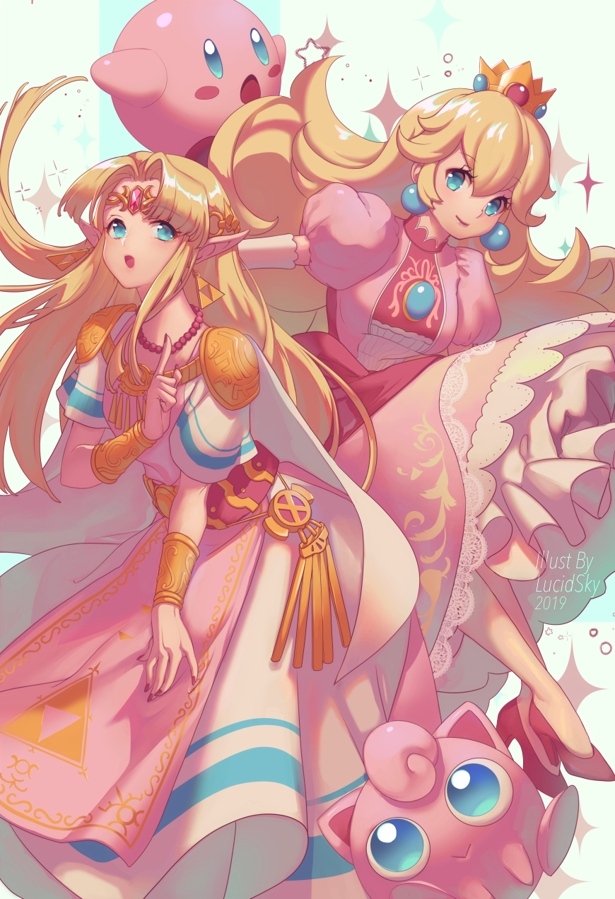 2019 2girls :&gt; artist_name bead_necklace beads belt blue_eyes bracer cape creatures_(company) crown dress earrings elbow_gloves game_freak gen_1_pokemon gloves high_heels highres index_finger_raised jewelry jigglypuff kirby kirby_(series) long_hair looking_at_viewer super_mario_bros. mini_crown multiple_girls nail_polish necklace nintendo open_mouth pink_dress pink_footwear pink_nails pointy_ears pokemon princess_peach princess_zelda puffy_short_sleeves puffy_sleeves short_sleeves shoulder_armor sparkle star super_mario_bros. super_smash_bros. super_smash_bros._ultimate the_legend_of_zelda tiara white_gloves yume_ou