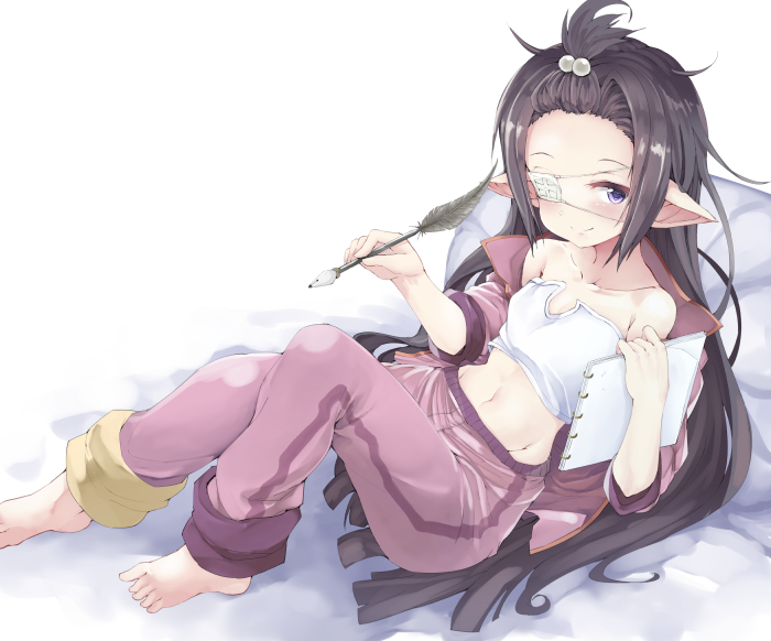 1girl bangs bare_shoulders barefoot black_hair blue_eyes blunt_bangs blush breasts collarbone commentary_request eyepatch feathers granblue_fantasy holding holding_paper jacket long_hair lunalu_(granblue_fantasy) lying medical_eyepatch midriff navel noa_(nagareboshi) off_shoulder paper pink_legwear pointy_ears quill shirt short_sleeves sleeveless sleeveless_shirt small_breasts smile solo strapless strapless_shirt white_eyepatch white_shirt wide_hips