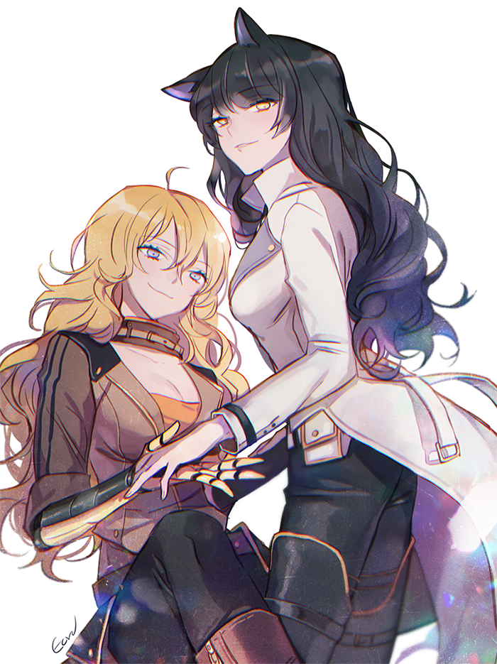 2girls animal_ears black_hair blake_belladonna blonde_hair breasts cat_ears ecru long_hair mechanical_arm multiple_girls rwby violet_eyes white_background yang_xiao_long yellow_eyes