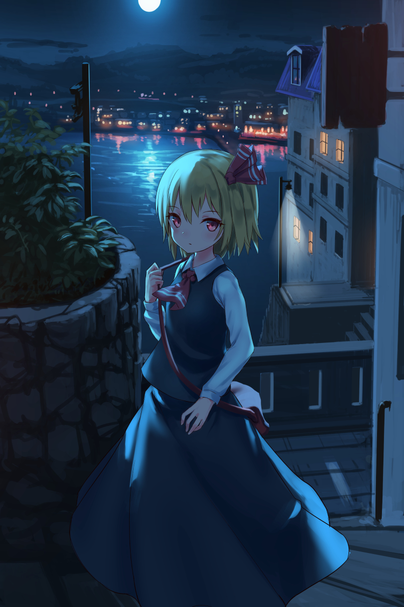 1girl ascot bag bangs black_skirt black_vest blonde_hair building commentary_request feet_out_of_frame full_moon hair_between_eyes hair_ribbon hand_up highres lamppost long_sleeves moon night night_sky outdoors plant red_eyes red_neckwear red_ribbon ribbon roke_(taikodon) rumia satchel scenery shirt short_hair skirt skirt_set sky solo standing touhou vest water white_shirt window
