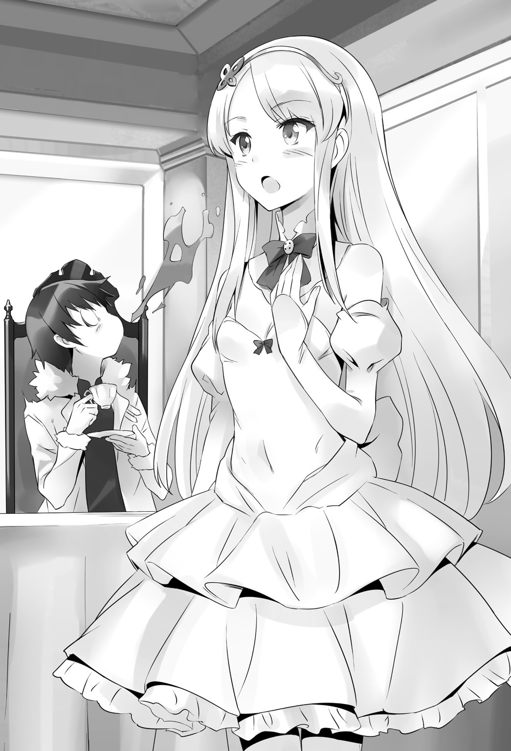1boy 1girl blush bow bowtie breasts choker cleavage coat covered_navel cowboy_shot cup detached_sleeves dress floating_hair frilled_dress frills fur_coat greyscale hairband heterochromia highres holding holding_cup indoors isekai_wa_smartphone_to_tomo_ni. layered_dress long_hair long_sleeves monochrome novel_illustration official_art open_clothes open_coat open_mouth sitting sleeveless sleeveless_dress small_breasts standing strapless strapless_dress teacup usatsuka_eiji very_long_hair