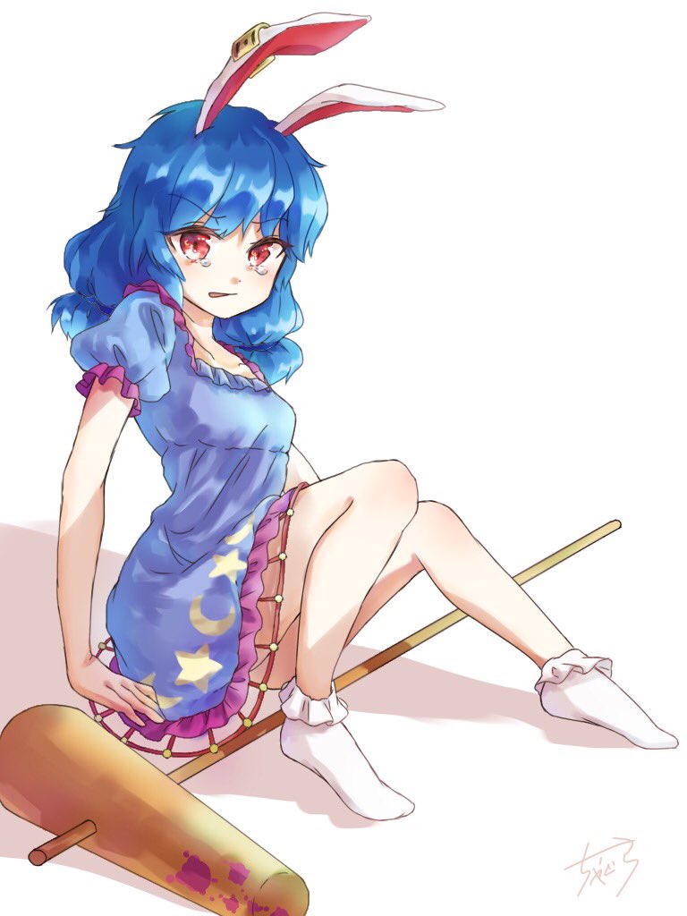 1girl ambiguous_red_liquid animal_ears arm_support blue_dress blue_hair chagura collarbone crescent dress ear_clip kine puffy_short_sleeves puffy_sleeves rabbit_ears red_eyes seiran_(touhou) short_sleeves sitting socks solo star star_print tears touhou white_background white_legwear