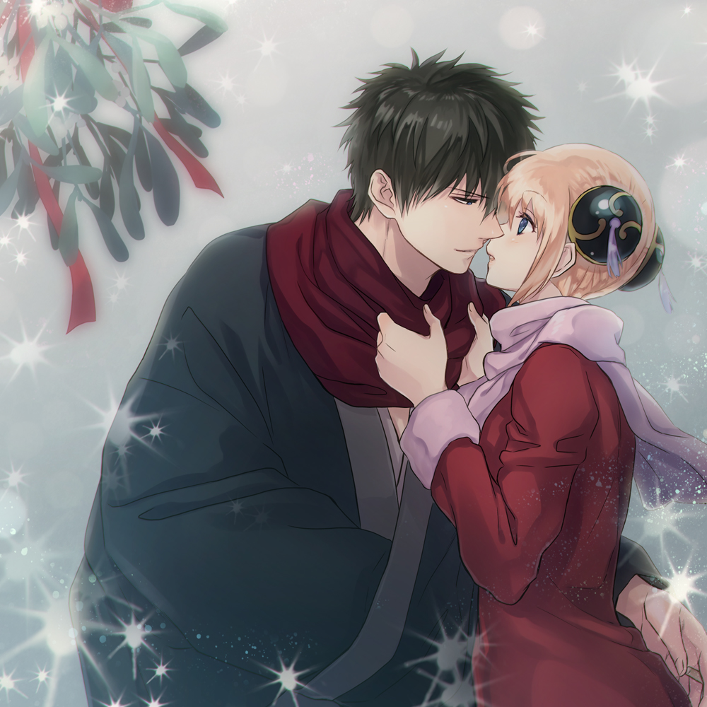 1boy 1girl black_hair black_kimono blonde_hair blue_eyes coat couple da_raku double_bun eye_contact gintama hijikata_toushirou imminent_kiss japanese_clothes kagura_(gintama) kimono looking_at_another parted_lips pink_scarf red_coat red_ribbon red_scarf ribbon scarf short_hair smile winter_clothes winter_coat