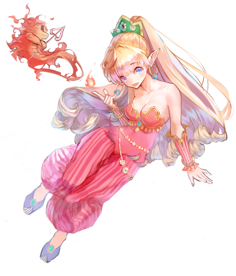 1girl bare_shoulders blonde_hair blue_eyes breasts cleavage earrings flower gem hair_ornament harem_pants headband hoop_earrings jewelry long_hair looking_at_viewer magic medium_breasts pants pointy_ears ponytail primm salamander_(seiken_densetsu) seiken_densetsu seiken_densetsu_2 smile ya99ru