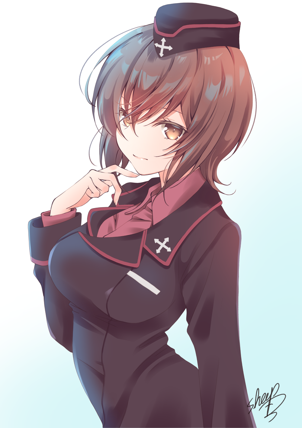 1girl bangs blue_background breasts brown_eyes brown_hair brown_hat brown_jacket collared_shirt commentary_request eyebrows_visible_through_hair garrison_cap girls_und_panzer gradient gradient_background hair_between_eyes hand_up hat highres jacket long_sleeves medium_breasts mini_hat nishizumi_maho red_shirt sheepd shirt signature solo white_background