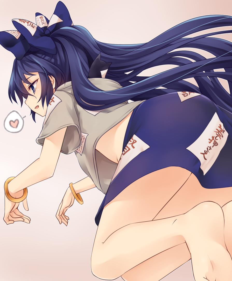 1girl ass bangle bangs barefoot beige_background blue_bow blue_eyes blue_hair blue_skirt bow bracelet commentary_request debt eyebrows_visible_through_hair feet_out_of_frame grey_hoodie hair_between_eyes hair_bow heart hood hoodie jewelry long_hair midriff_peek miniskirt miyo_(ranthath) parted_lips profile short_sleeves simple_background skirt soles solo spoken_heart stuffed_animal stuffed_cat stuffed_toy thighs touhou very_long_hair yorigami_shion