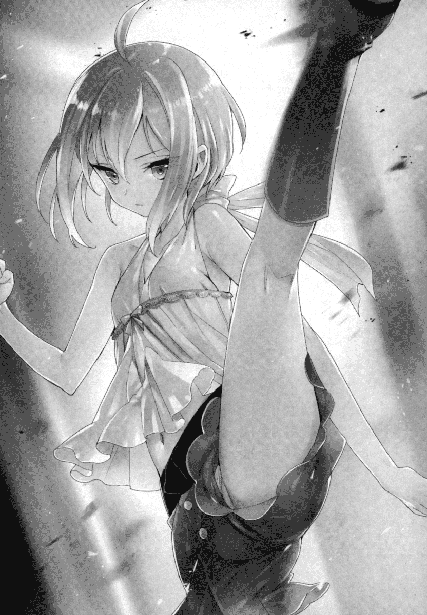 1girl ahoge boots eyebrows_visible_through_hair flat_chest hair_between_eyes highres knee_boots leg_up long_hair looking_at_viewer midriff miyuki_ruria navel novel_illustration official_art saikyou_mahoushi_no_inton_keikaku scan shirt short_shorts shorts sleeveless sleeveless_shirt solo standing standing_on_one_leg stomach