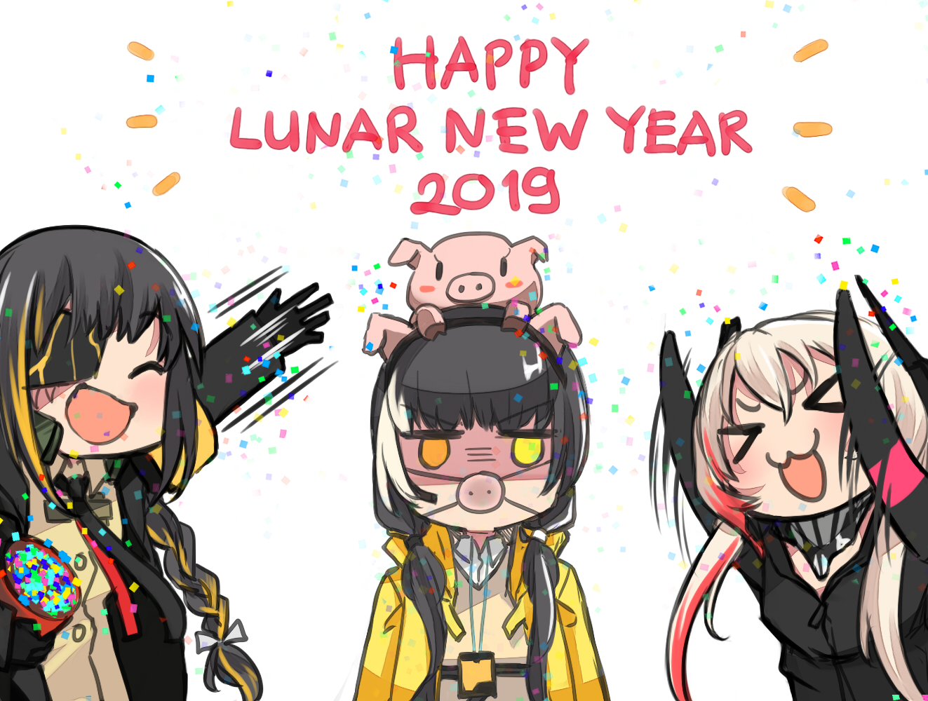 3girls animal animal_ears animal_on_head annoyed chinese_new_year chinese_zodiac closed_eyes confetti english_text eyepatch girls_frontline heterochromia m16a1_(girls_frontline) m4_sopmod_ii_(girls_frontline) multiple_girls on_head pig pig_ears pig_nose ro635_(girls_frontline) shaded_face u_nagidon year_of_the_pig