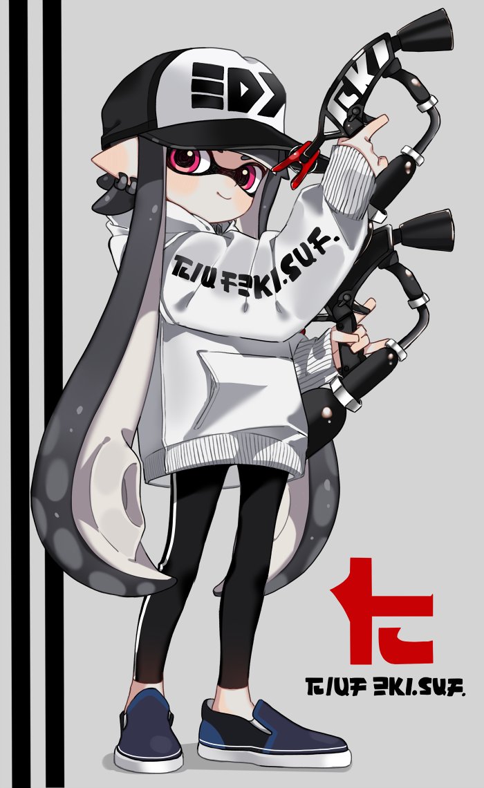 1girl baseball_cap black_pants closed_mouth domino_mask dual_wielding earrings full_body grey_hair hat holding hood hood_down hoodie inkling inkling_(language) jewelry legs_apart long_hair long_sleeves looking_at_viewer maco_spl mask pants pink_eyes pointy_ears shadow shoes single_vertical_stripe smile solo splat_dualies_(splatoon) splatoon splatoon_(series) splatoon_2 standing suction_cups tentacle_hair trigger_discipline very_long_hair white_hoodie