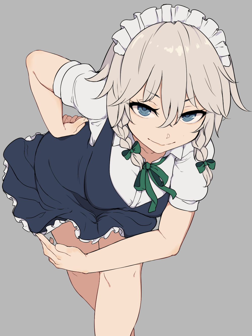 1girl bangs blue_dress blue_eyes bow braid breasts collarbone commentary_request dress eyebrows_visible_through_hair feet_out_of_frame green_bow green_neckwear green_ribbon grey_background hair_between_eyes hair_bow hand_on_hip highres izayoi_sakuya leaning_forward looking_at_viewer maid maid_headdress marsen medium_breasts neck_ribbon petticoat puffy_short_sleeves puffy_sleeves ribbon shirt short_dress short_hair short_sleeves silver_hair simple_background smile solo standing touhou twin_braids v-shaped_eyebrows white_shirt