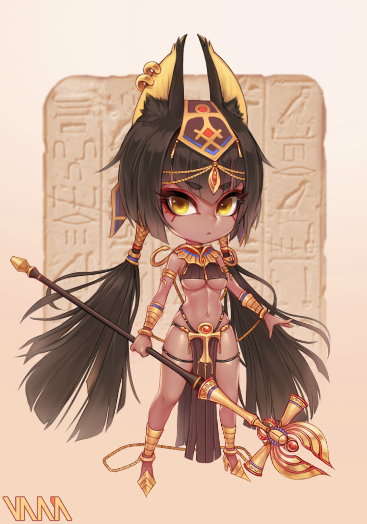:&lt; animal_ears ankh anklet anubis armlet bracelet breasts brown_hair chibi cuffs dark_skin earrings egyptian eyebrows_visible_through_hair gold hair_ornament hieroglyphics high_heels holding holding_staff jackal_ears jewelry long_hair looking_at_viewer original pelvic_curtain shackles skindentation staff under_boob vana very_long_hair yellow_eyes