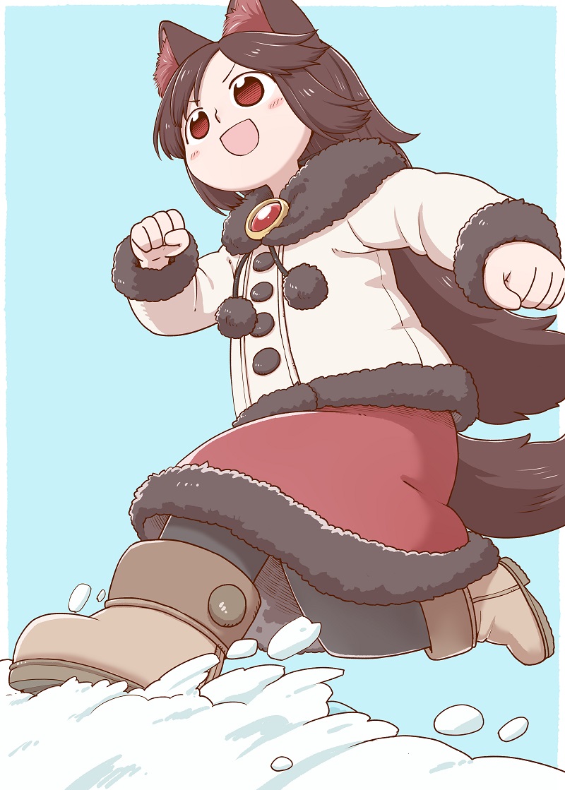 1girl :d adapted_costume animal_ear_fluff animal_ears black_legwear blue_background blush boots border brooch brown_footwear brown_hair clenched_hands commentary_request full_body fur_trim imaizumi_kagerou jacket jewelry long_hair open_mouth outside_border pom_pom_(clothes) poronegi red_eyes red_skirt running simple_background skirt smile snow solo tail touhou v-shaped_eyebrows very_long_hair white_border white_jacket wolf_ears wolf_tail