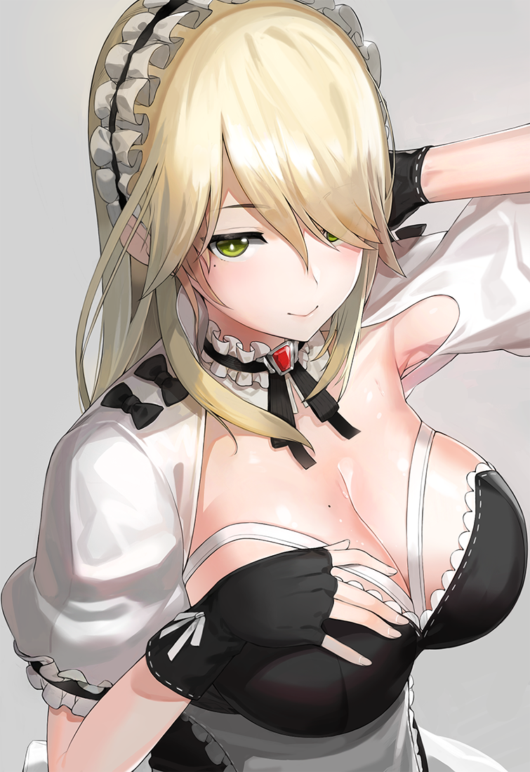 1girl apron bangs black_dress black_gloves blonde_hair blush breasts brooch cleavage closed_mouth collar dress fingerless_gloves frilled_collar frills gloves green_eyes grey_background hand_in_hair jewelry kfr large_breasts long_hair looking_at_viewer maid maid_headdress mole mole_on_breast mole_under_eye original puffy_short_sleeves puffy_sleeves short_sleeves simple_background smile solo