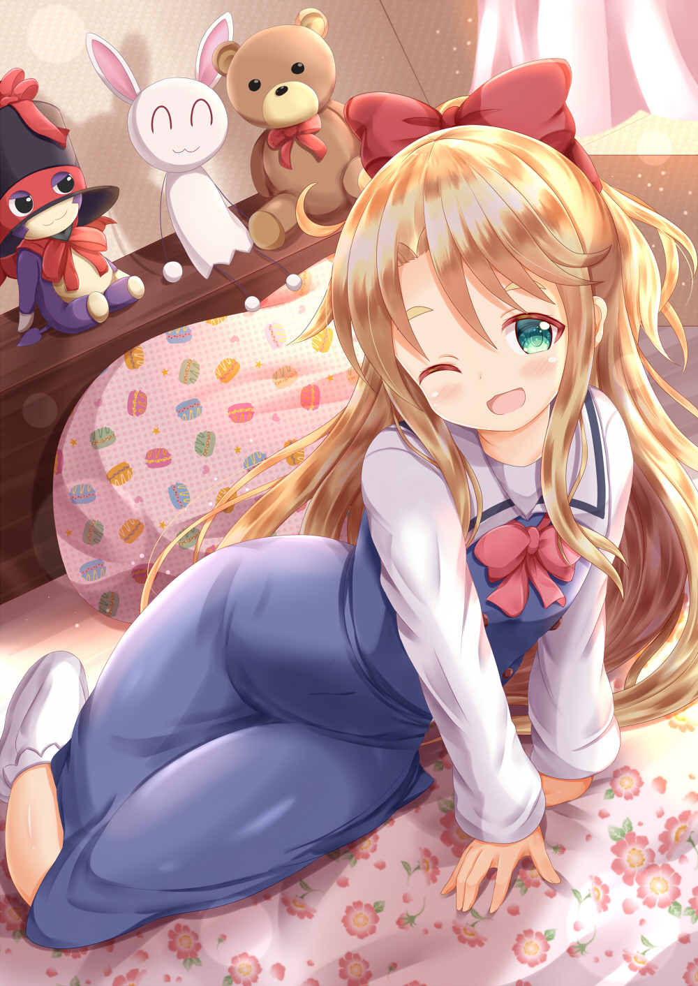 1girl ;d bangs bed black_hat blonde_hair blue_dress bobby_socks bow commentary_request dress eyebrows_behind_hair floral_print green_eyes hair_between_eyes hair_bow hat highres himesaka_noa indoors long_hair long_sleeves looking_at_viewer no_shoes on_bed one_eye_closed open_mouth pillow red_bow sailor_collar sailor_dress school_uniform shirt sleeveless sleeveless_dress sleeves_past_wrists smile socks solo stuffed_animal stuffed_cat stuffed_toy teddy_bear thick_eyebrows top_hat very_long_hair watashi_ni_tenshi_ga_maiorita! white_legwear white_sailor_collar white_shirt zenon_(for_achieve)