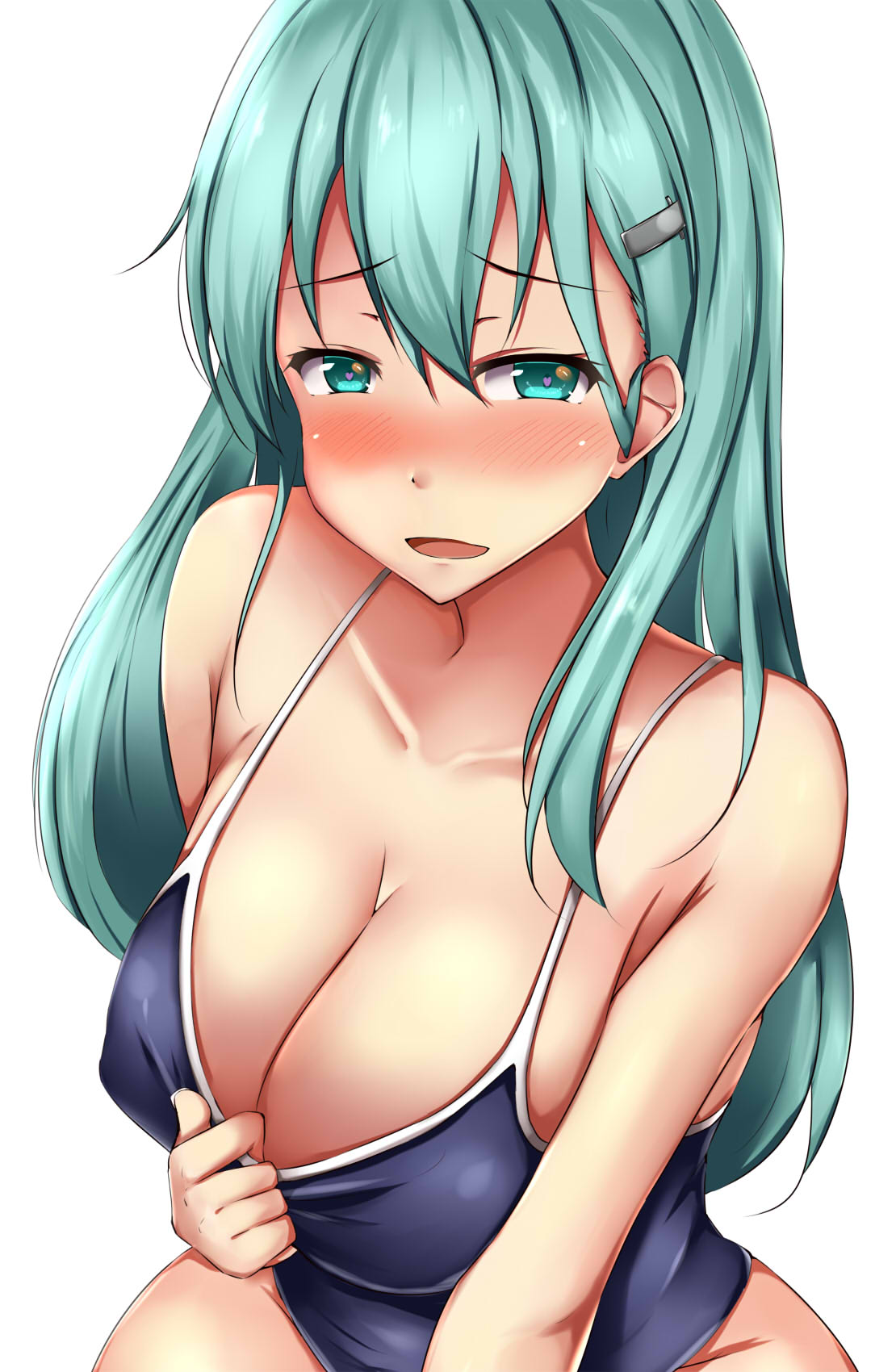 1girl aqua_eyes aqua_hair arm_support blue_swimsuit blush breasts cleavage collarbone competition_swimsuit covered_navel erect_nipples eyebrows_visible_through_hair hair_between_eyes hair_ornament hairclip hand_on_own_chest heart heart-shaped_pupils highres kantai_collection large_breasts long_hair looking_at_viewer one-piece_swimsuit open_mouth simple_background smile solo suzuya_(kantai_collection) swimsuit symbol-shaped_pupils terakoya upper_body white_background