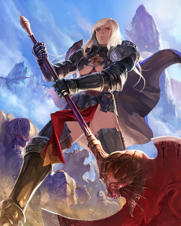 1girl axe blonde_hair blue_sky breasts clouds dragon flying gauntlets greaves hammer holding holding_axe holding_hammer holding_shield holding_weapon medium_hair monster mountain open_mouth original parted_lips red_eyes shield sky sun_flare take_no_ko_(dodon) teeth upper_body vambraces weapon