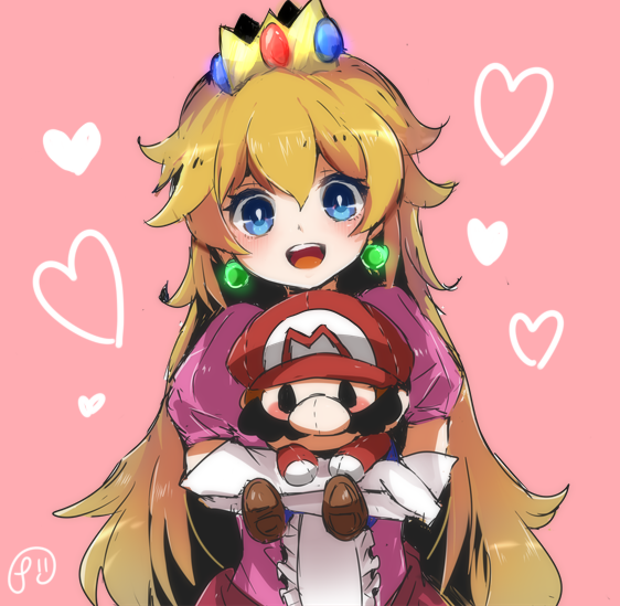1girl :d bangs blonde_hair blue_eyes blush bright_pupils character_doll crown earrings elbow_gloves gloves hair_between_eyes heart herunia_kokuoji holding jewelry long_hair looking_at_viewer mario super_mario_bros. nintendo open_mouth pink_background princess_peach puffy_short_sleeves puffy_sleeves short_sleeves smile solo teeth upper_body very_long_hair white_gloves white_pupils