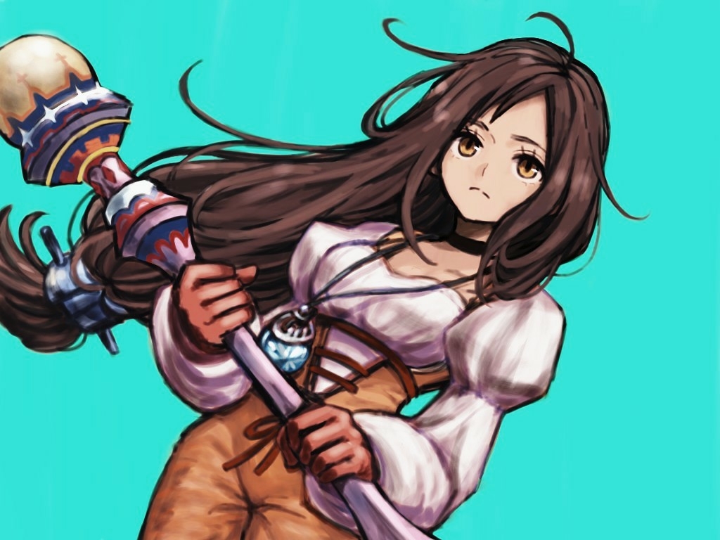 1girl aqua_background black_choker bodysuit breasts brown_hair choker closed_mouth cowboy_shot dutch_angle final_fantasy final_fantasy_ix frown garnet_til_alexandros_xvii gloves holding holding_staff ichi_(pixiv6373491) jewelry juliet_sleeves long_hair long_sleeves low-tied_long_hair medium_breasts necklace orange_bodysuit puffy_sleeves red_gloves solo staff yellow_eyes