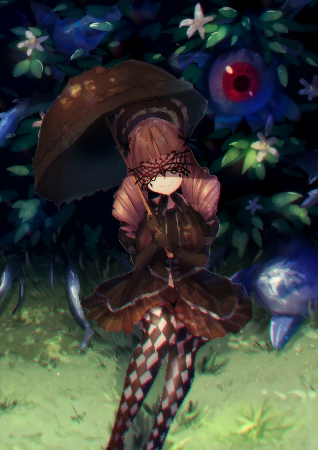 1girl argyle argyle_legwear bangs black_dress black_gloves black_umbrella blunt_bangs bonnet breasts chromatic_aberration day dress drill_hair elbow_gloves eyes gloves grass highres kaniku looking_at_viewer mask medium_breasts original outdoors pantyhose parasol puffy_sleeves red_eyes sitting smile twin_drills umbrella