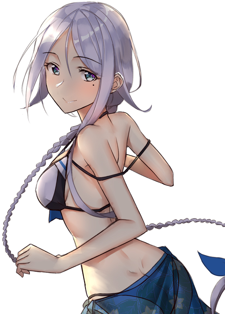 1girl ass back bangs bare_arms bare_shoulders bikini blue_eyes blush braid breasts closed_mouth cowboy_shot dimples_of_venus floating_hair kantai_collection long_hair looking_at_viewer looking_back medium_breasts mole mole_under_eye pallad sarong sidelocks silver_hair simple_background single_braid smile solo standing swimsuit umikaze_(kantai_collection) very_long_hair white_background white_bikini