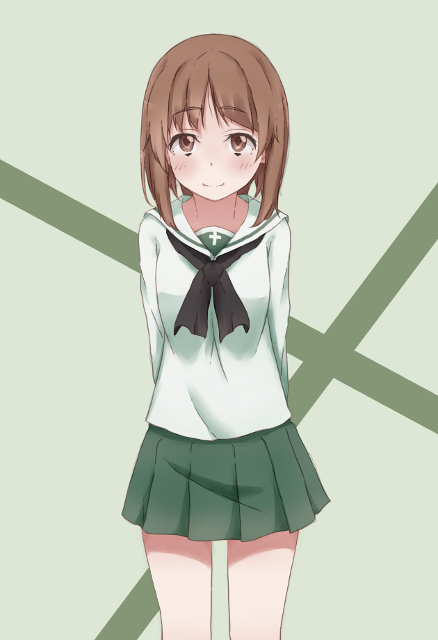 1girl arms_behind_back bangs black_neckwear blouse brown_eyes brown_hair closed_mouth commentary cowboy_shot eyebrows_visible_through_hair girls_und_panzer green_background hachikuji light_blush long_sleeves looking_at_viewer miniskirt neckerchief nishizumi_miho ooarai_school_uniform pleated_skirt school_uniform serafuku short_hair skirt smile solo standing white_blouse