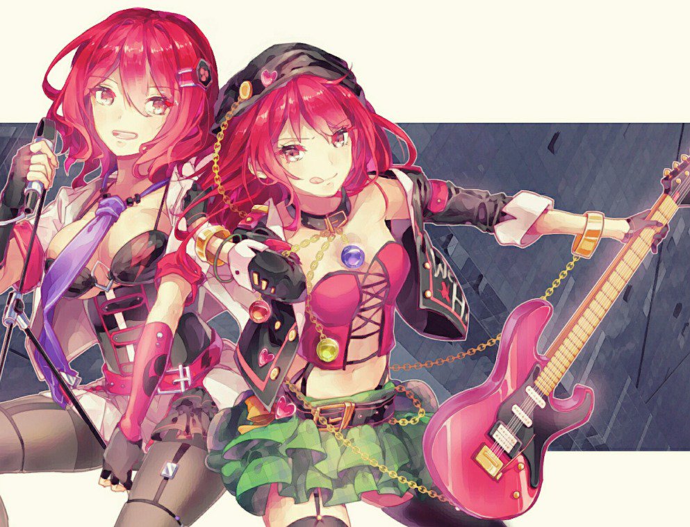 2girls bare_shoulders belt bra bracelet breasts chains choker cleavage commentary_request cowboy_shot cross-laced_clothes eyebrows_visible_through_hair fingerless_gloves garter_straps gloves guitar hat hecatia_lapislazuli horikawa_raiko instrument jacket jacket_on_shoulders jewelry large_breasts licking_lips long_hair medium_breasts microphone multiple_girls navel necktie o-ring open_clothes open_mouth pantyhose purple_neckwear red_eyes redhead shometsu-kei_no_teruru short_hair short_sleeves skirt smile thigh-highs tongue tongue_out touhou underwear