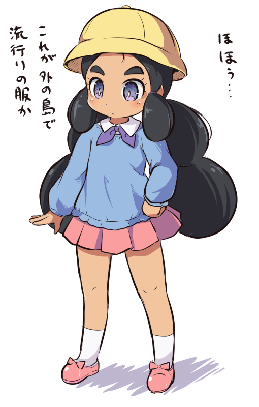 1girl black_hair blue_sweater blush closed_mouth collared_shirt creatures_(company) full_body game_freak hapu'u_(pokemon) hat kindergarten_uniform long_hair low_twintails nekono_rin nintendo pink_footwear pink_skirt pleated_skirt pokemon pokemon_(game) pokemon_sm school_hat shadow shirt shoes skirt sleeves_past_wrists socks solo standing sweater thick_eyebrows translated twintails very_long_hair violet_eyes white_background white_legwear white_shirt yellow_hat