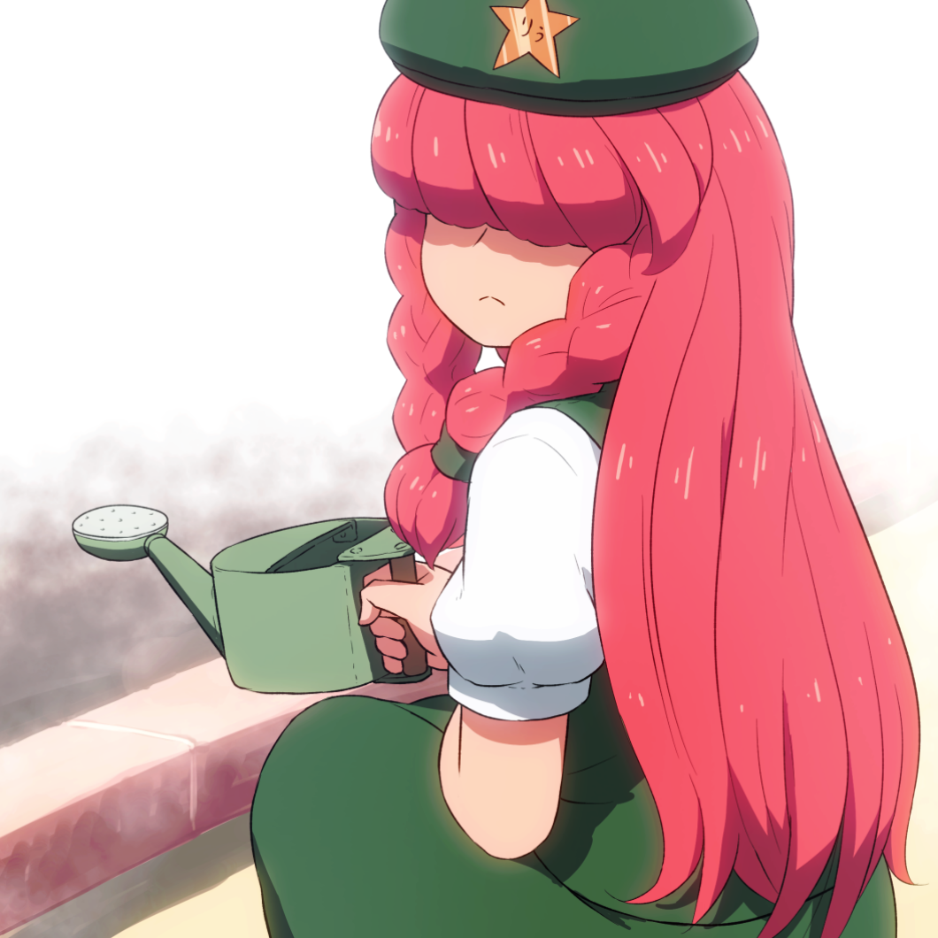 1girl bangs beret braid commentary_request cowboy_shot green_hat green_skirt green_vest hair_over_eyes hat holding hong_meiling long_hair looking_back puffy_short_sleeves puffy_sleeves redhead shirosato shirt short_sleeves skirt skirt_set solo squatting star touhou twin_braids vest watering_can white_shirt