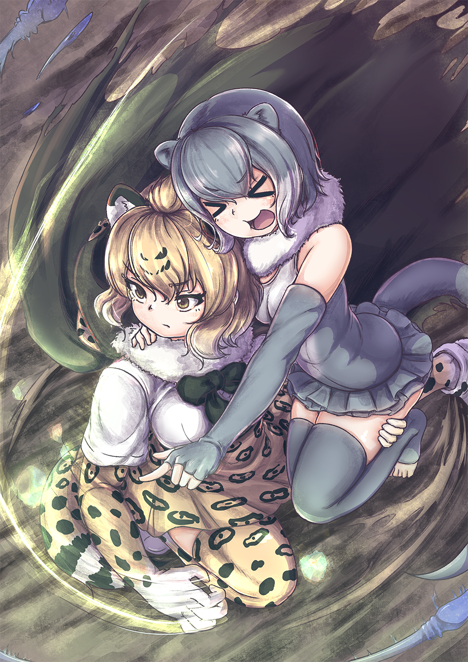 &gt;_&lt; 2girls :d animal_ears animal_print arm_around_neck bangs bare_shoulders black_hair blonde_hair bow bowtie cape carrying cerulean_(kemono_friends) closed_eyes closed_mouth detached_collar elbow_gloves extra_ears eyebrows_visible_through_hair fingerless_gloves folded from_above fur_collar gloves grey_gloves grey_hair grey_legwear hair_between_eyes hand_on_another's_thigh head_on_head highres hood hood_down hooded_cape jaguar_(kemono_friends) jaguar_ears jaguar_print jaguar_tail kemono_friends medium_hair motion_lines multicolored_hair multiple_girls okyao one-piece_swimsuit open_mouth otter_ears otter_tail outstretched_arm outstretched_leg pointing print_gloves print_legwear print_skirt serious shoes sidelocks skirt small-clawed_otter_(kemono_friends) smile squatting swimsuit tail tentacle thigh-highs toeless_legwear toes two-tone_hair white_hair xd yellow_eyes zettai_ryouiki