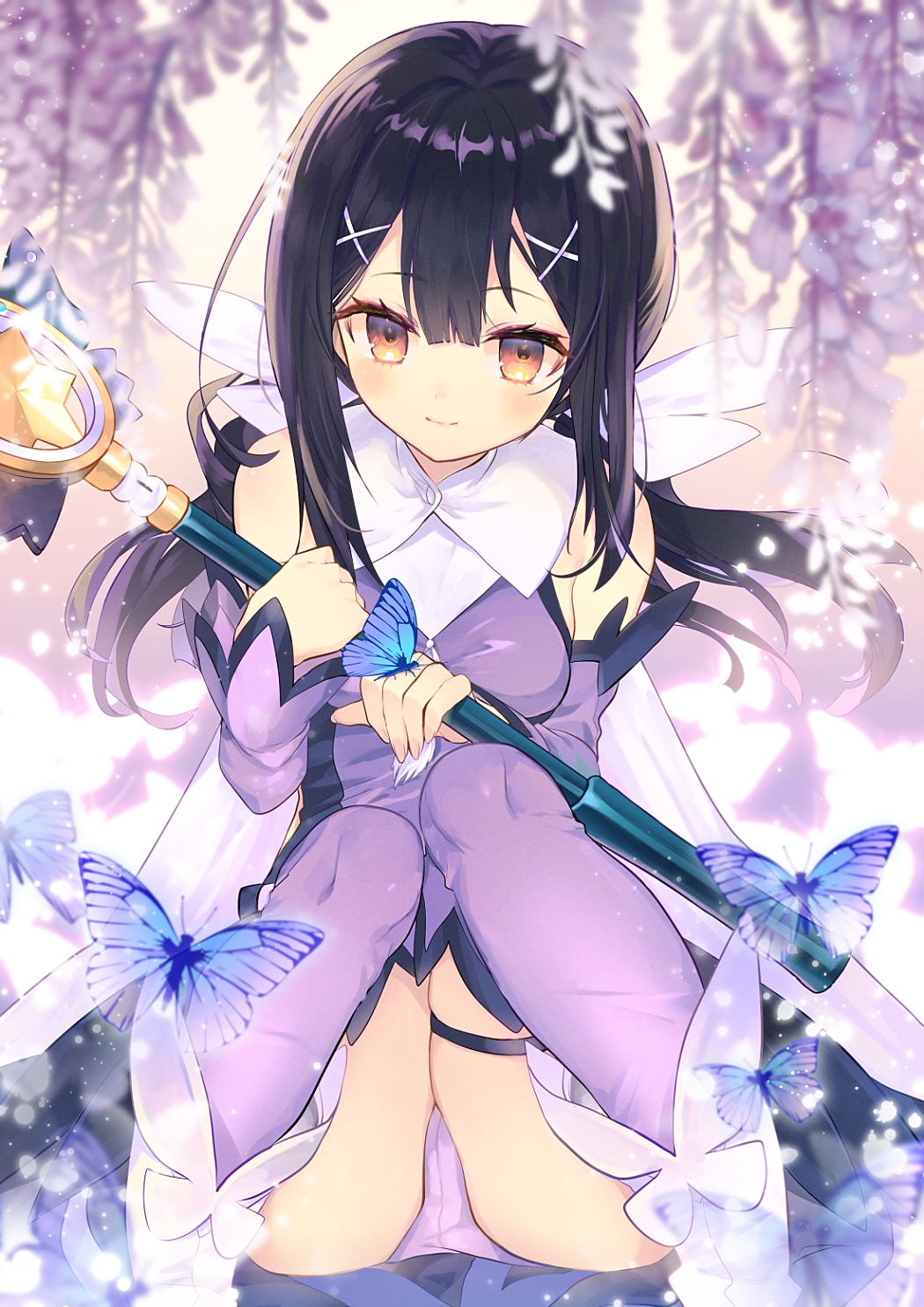 1girl black_hair boots brown_eyes bug butterfly detached_sleeves fate/kaleid_liner_prisma_illya fate_(series) hair_ornament hairclip highres insect kirie_nozomi knees_together_feet_apart leotard long_hair magical_sapphire miyu_edelfelt purple_legwear purple_leotard sitting smile solo staff thigh-highs thigh_strap twintails white_footwear