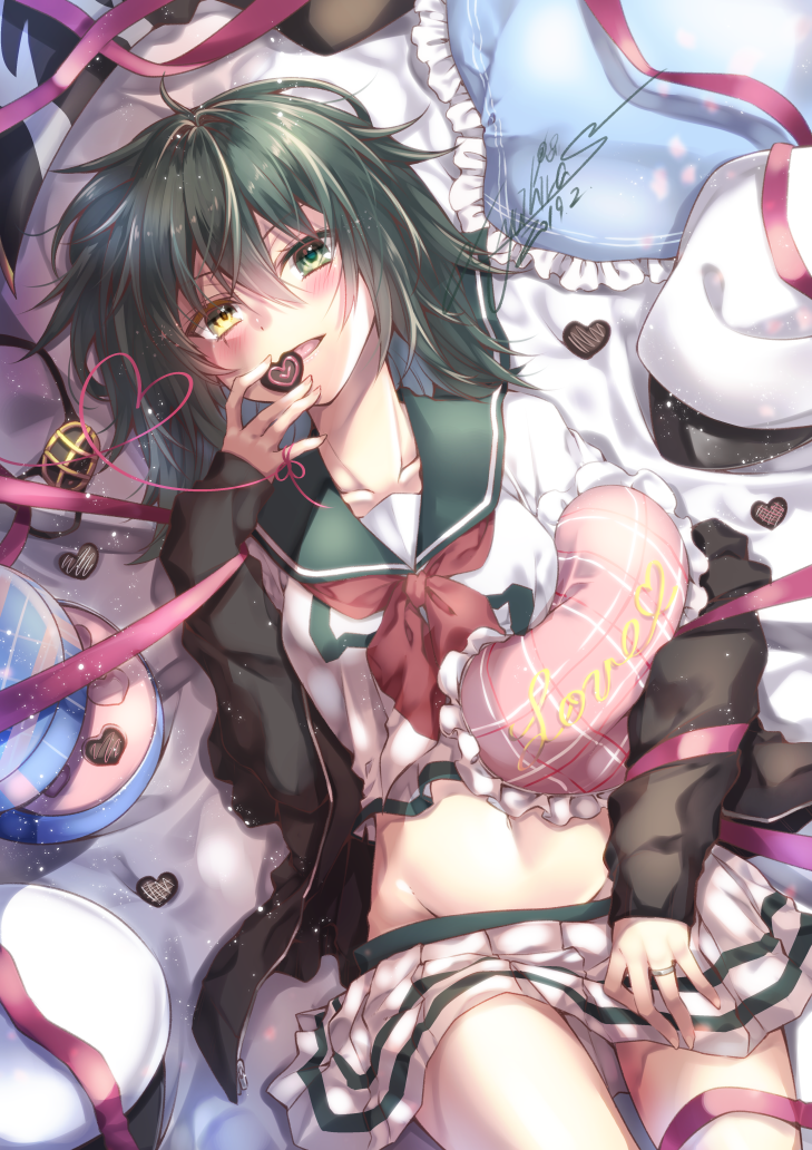 1girl bangs blush box breasts chocolate collarbone commentary_request eyebrows_visible_through_hair eyepatch eyepatch_removed gift gift_box green_eyes green_hair hair_between_eyes hat jacket kantai_collection kiso_(kantai_collection) looking_at_viewer lying military military_uniform naval_uniform navel neckerchief on_back on_bed open_mouth pillow ribbon sailor_collar school_uniform shirt short_hair skirt smile solo uniform valentine yuihira_asu