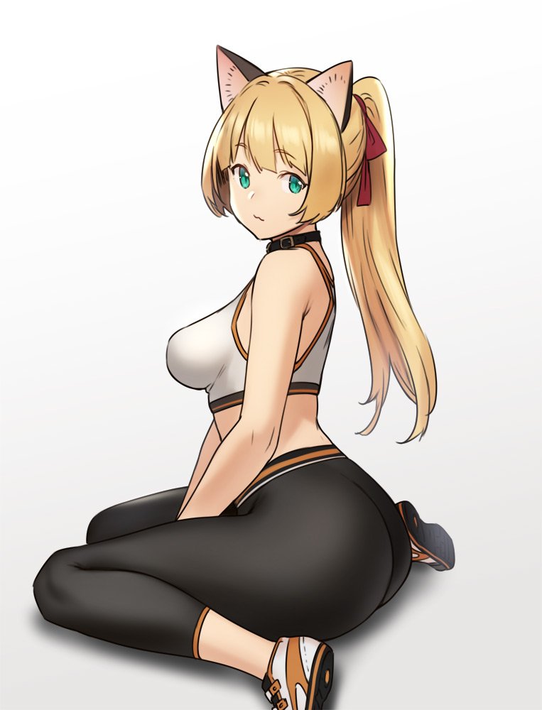 1girl animal_ears ass bangs blonde_hair blunt_bangs breasts cat_ears closed_mouth collar from_side full_body green_eyes hair_ribbon houtengeki leggings long_hair looking_at_viewer looking_to_the_side medium_breasts original ponytail red_ribbon ribbon sitting solo sports_bra wariza